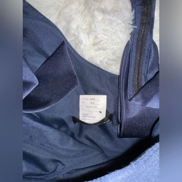 NEW Alfred Sung Bow Strap Satin Twill Trumpet MIDNIGHT NAVY Blue Gown sz 14 - Picture 5 of 6